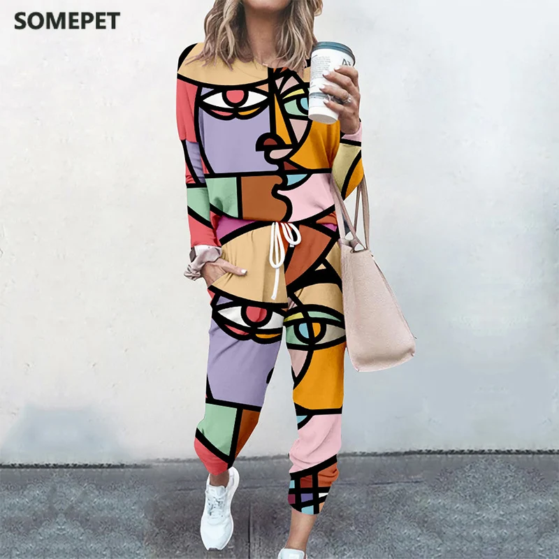 

Women 2 Piece Sets Pullovers Cloting Long Sleeve Abstract Print Female Tops And Elastic Waist Pants Casual Streetwear Tracksuit