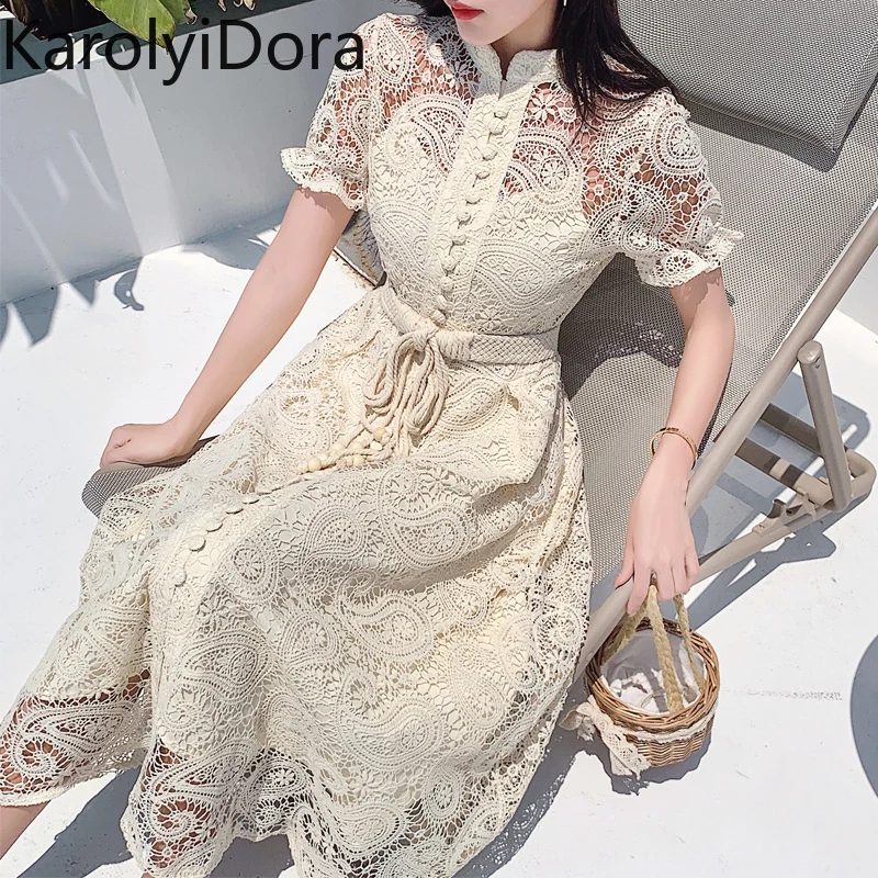 

Summer Women Stand Collar Lantern Short Sleeve Bandage Dress Runway Crochet Hollow Out Lace Dress Female Sash Belt Long Dress