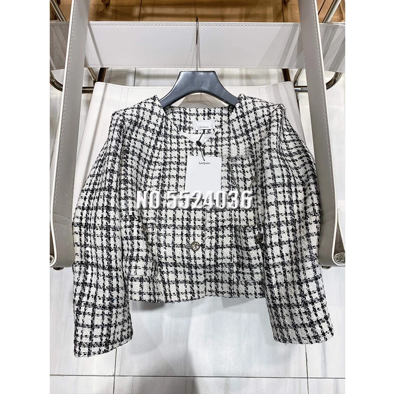 

Женская твидовая куртка, дизайнерская Осенняя однобортная клетчатая куртка с брошью и длинным рукавом, Офисная верхняя одежда, 2021