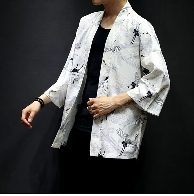 Ukiyoe Kimono Haori Yukata Japanese Style Samurai Cardigan Crane Print Traditonal Costume Streetwear Men Women Free Shipping |