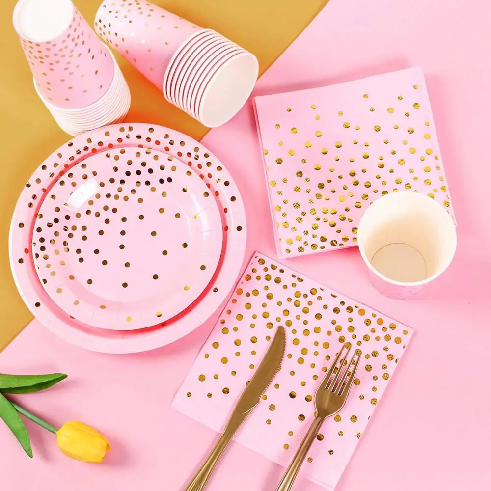 25 шт. розовые и золотые вечерние принадлежности одноразовые столовые приборы