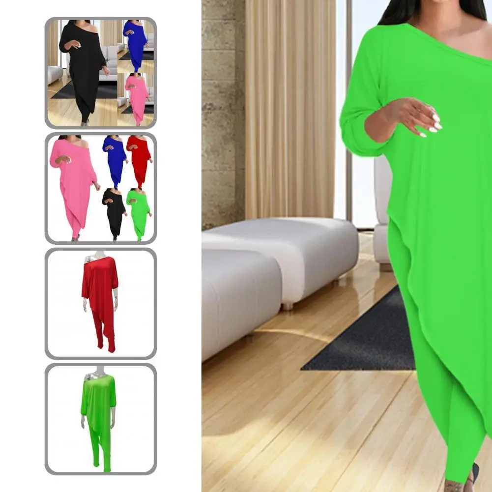 

5 Colors 2Pcs/Set Simple Women Solid Color Blouse Pencil Pants Suit Female Blouse Slash Neck for Dating