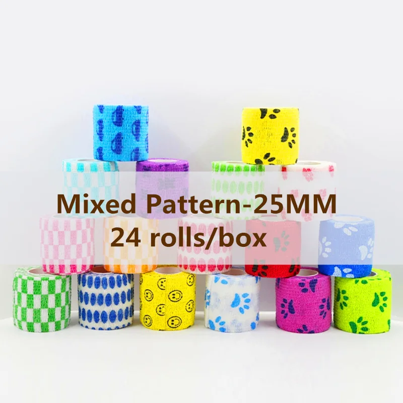 25MM-Mix Printed Когезивные бинты для обертывания 1 дюймов камуфляжные эластичные самоклеющиеся ленты 25 мм для татуировки сцепление спортивная защита ПЭТ травма 24 рулона/лот - Цвет: 25MM-Mix Printed