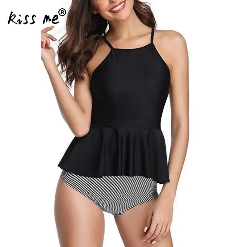 Цельный купальник с высокой талией из двух частей завязками на шее тесьмой милый