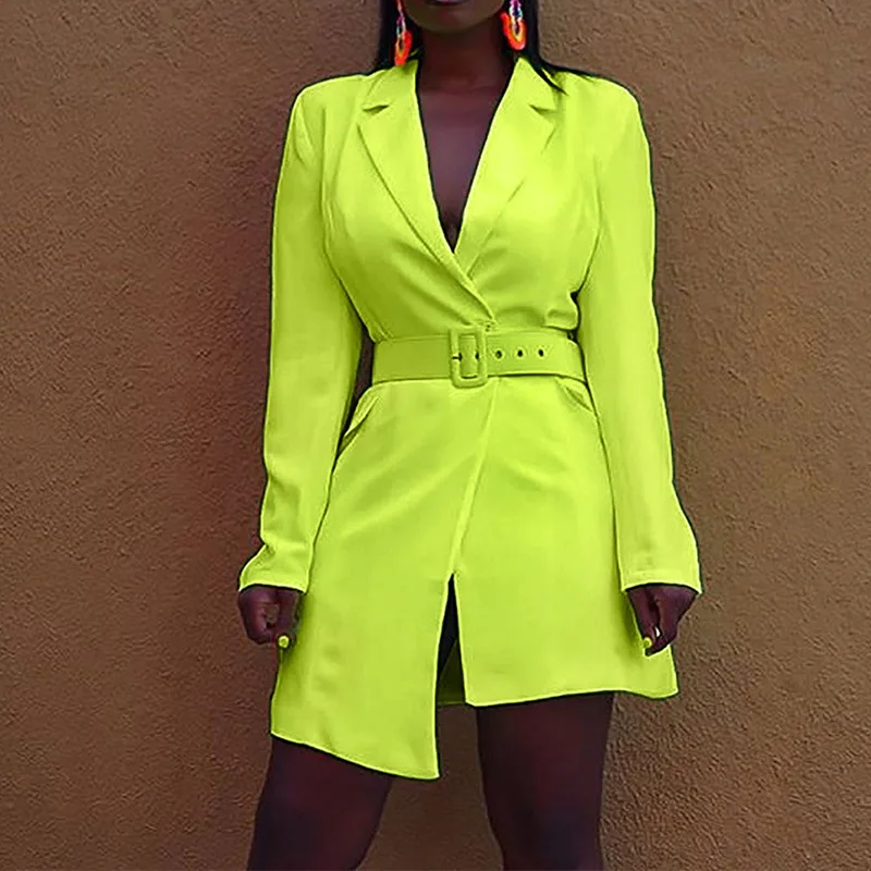 Женский тонкий Неон зеленый Блейзер с длинным рукавом Элегантные однотонные