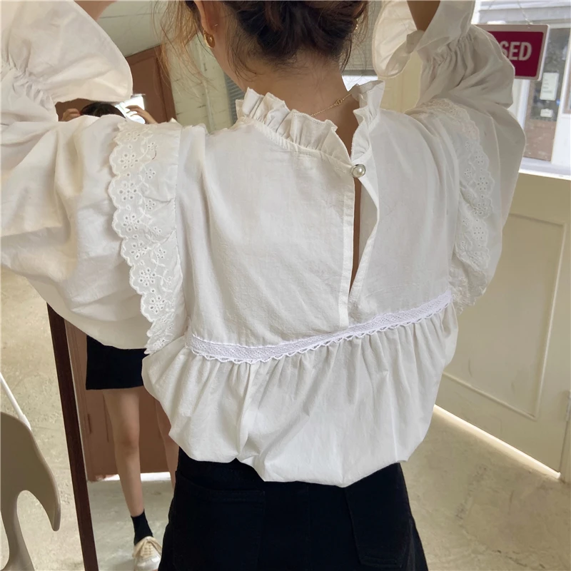 

Alien Kitty Hot Vintage Solid Shirts Stand Female 2021 Office Lady Chic Loose Fashion All Match Streetwear Blouses Kroean Tops