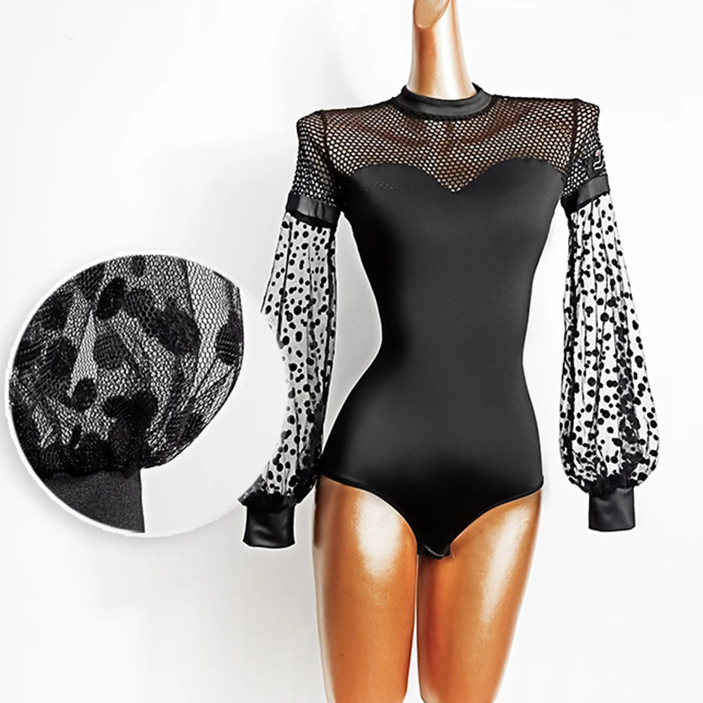 

New Adult Women Latin Dance Tops Mesh Long Puff Sleeve Dance Jumpsuits Ladies Dance Practice Bodysuits Clothes