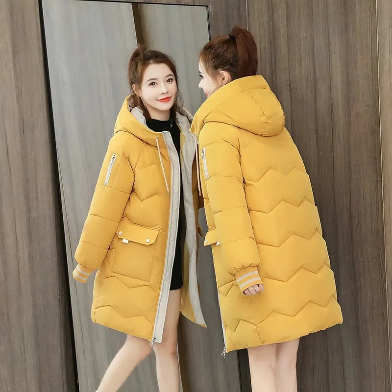 Women Winter Down Cotton jacket Color contrast Long Hooded Keep Warm Outwear Parka Thick Basic Coat Down Cotton Padded Jacket