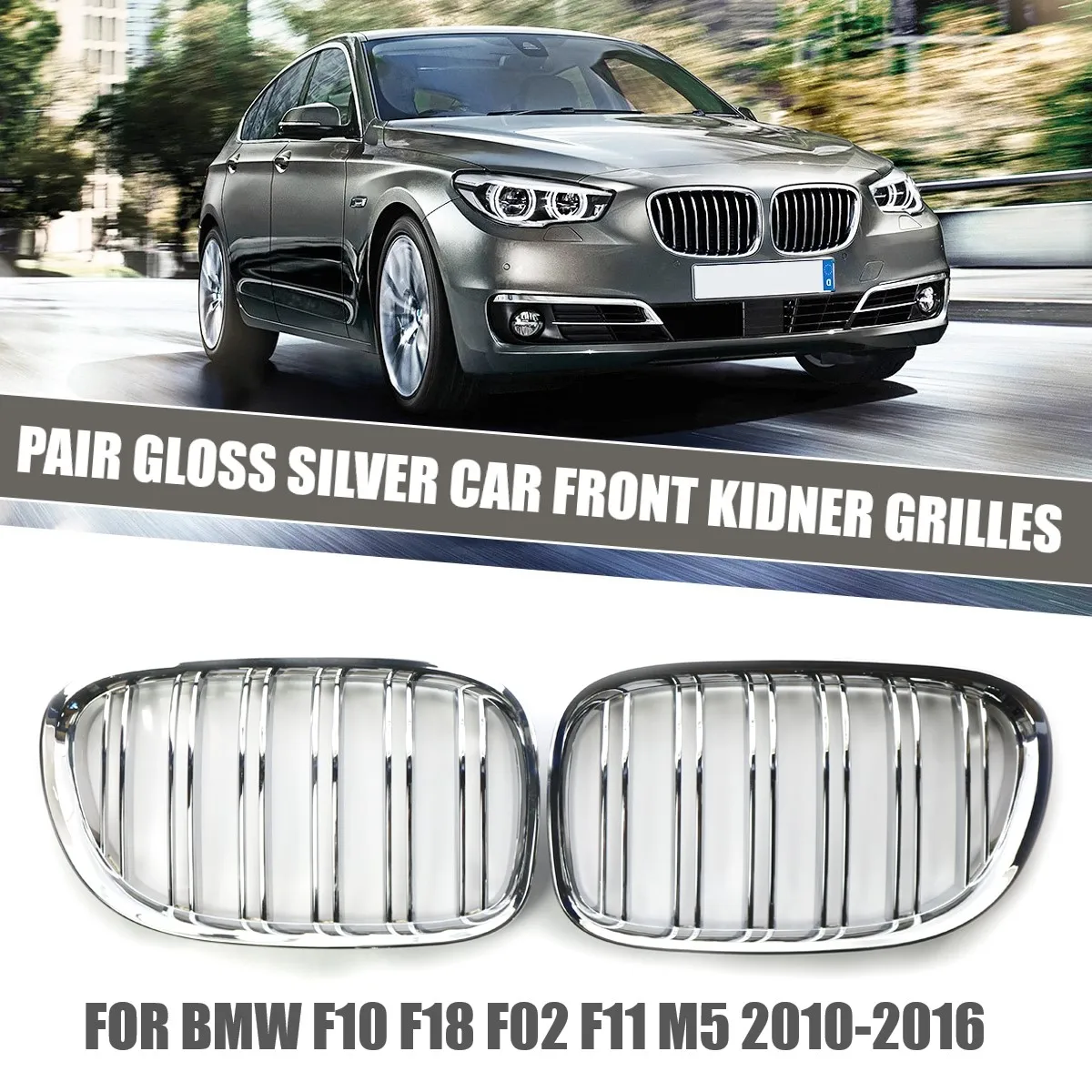 Pair Double Line Gloss Silver Left & Right Car Front Bumper Sport Grilles Kidney Racing Grill For BMW 7 Series F01 F02 2009-2015