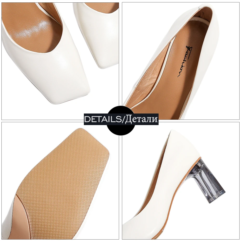 

ISNOM Elegant Women Pumps Genuine Leather Shoes Woman Square Toe Solid Thick High Heels Pumps Ladies Dress Shoes Skid Proof