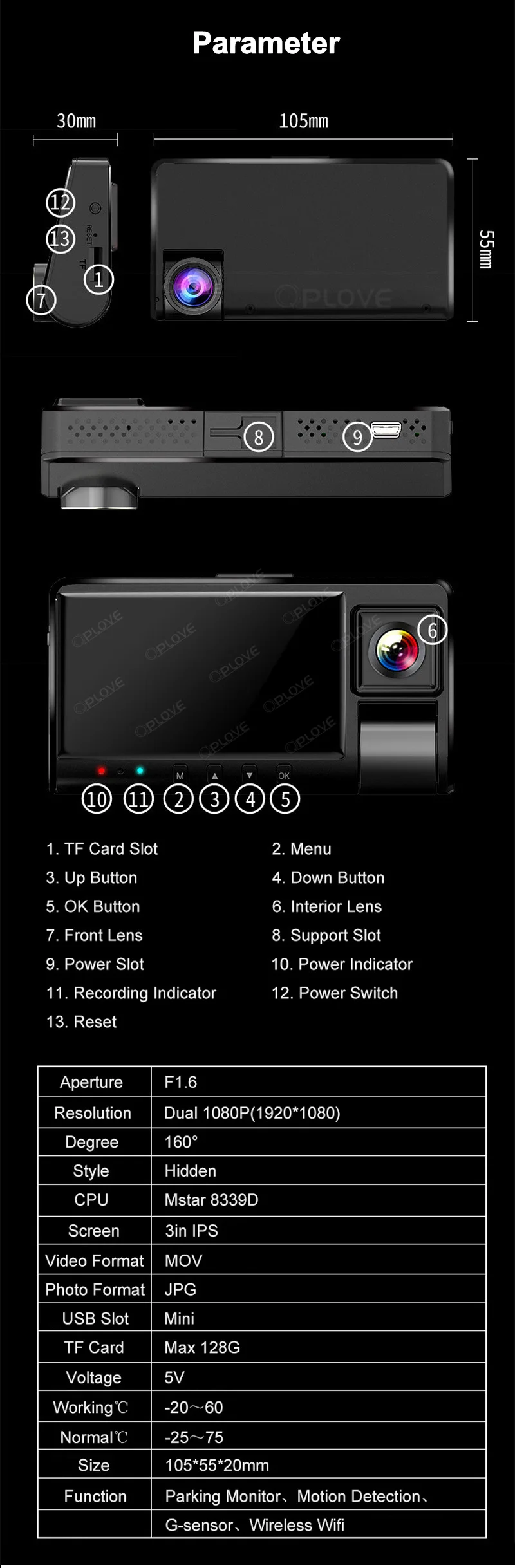 QPLOVE Dual 1080P Автомобильный видеорегистратор Dash камера 3 дюймов Большой экран ночное видение wifi просмотр Велоспорт запись многофункциональная мини камера