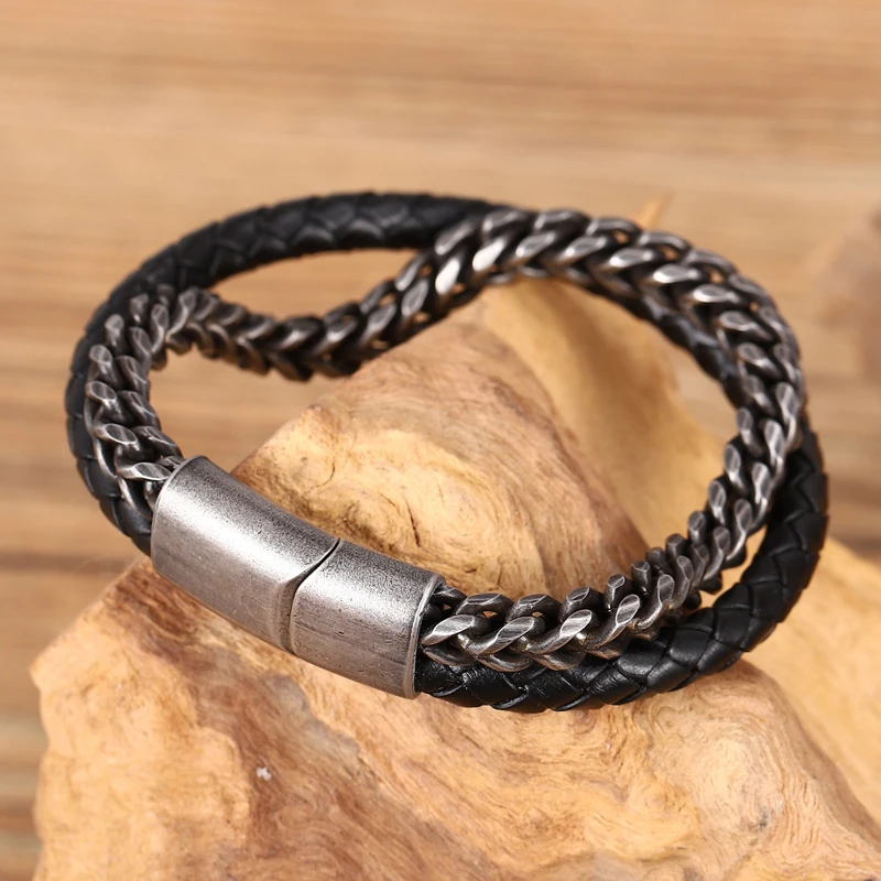 

Retro Style Stainless Steel Chain Bracelet Men Punk Style Leather Woven Charm Magnetic Clasp Bracelet Sent To Boyfriend Bracelet