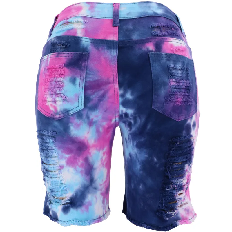 

Women Tie-dyed Denim Jeans Sexy High Waist Tie Dyed Denim Shorts Slim Hole Elastic Spring Summer New Female Shorts