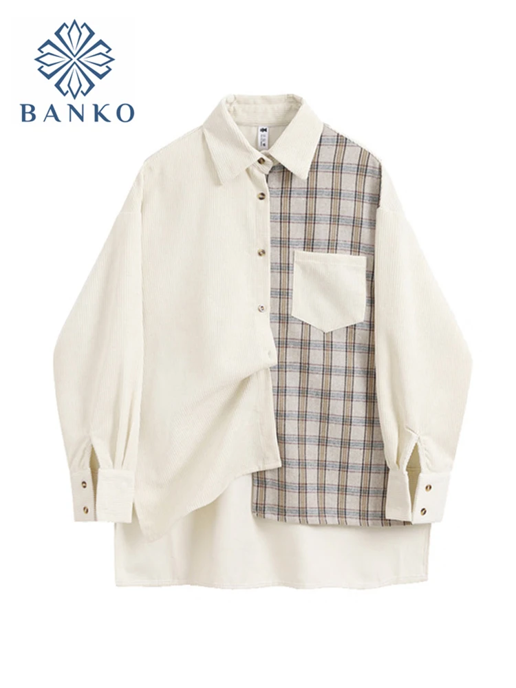 

Fashion Shirt Coat Woman Patchwork Lattice Loose Polo Clothes Irregular Pocket Single Breasted Coat Tops Mujer Spring Autumn New