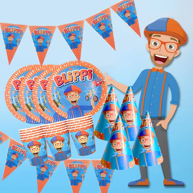 Blippi День рождения поставки посуда бумажные стаканчики и тарелки Шапки Baby Shower