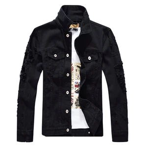 Мужская джинсовая куртка Sokotoo, черная рваная куртка с длинным рукавом, верхняя одежда