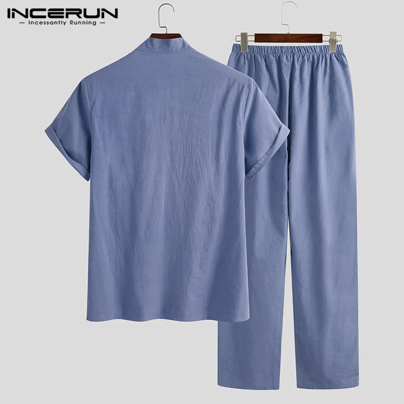 

INCERUN Chinese Style Men Sets Short Sleeve V Neck Streetwear Solid Button Retro Shirt & Pants Casual Cotton Mens Suit 2 Pieces