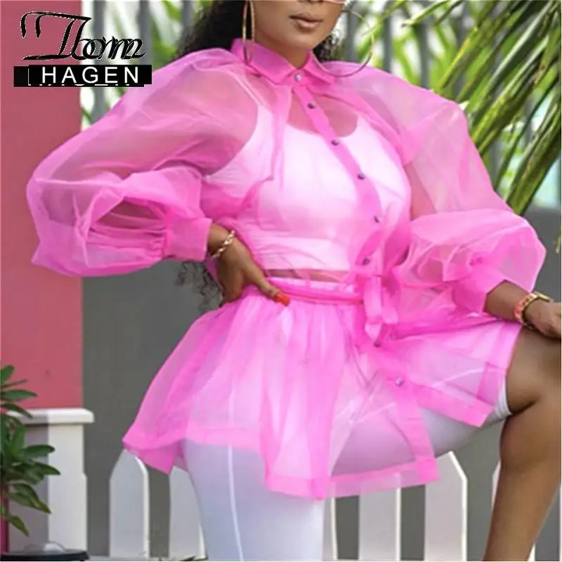 Женская прозрачная блузка Tom Hagen элегантная тонкая с рукавами фонариками большие