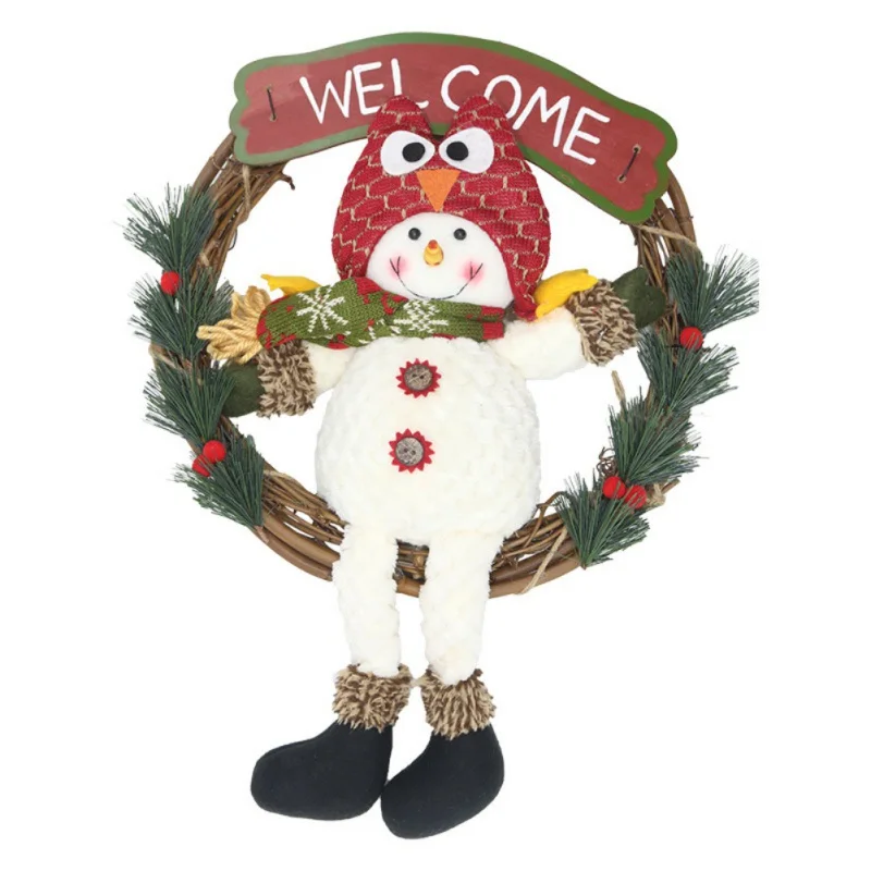 

Rattan Christmas Wreath Garland With Santa Claus/Snowman Doll And Wooden Welcome Sign Holiday Hanging Wall Window 2