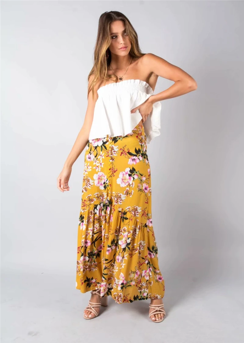 Винтажная модная женская желтая пляжная юбка с цветочным принтом в богемном