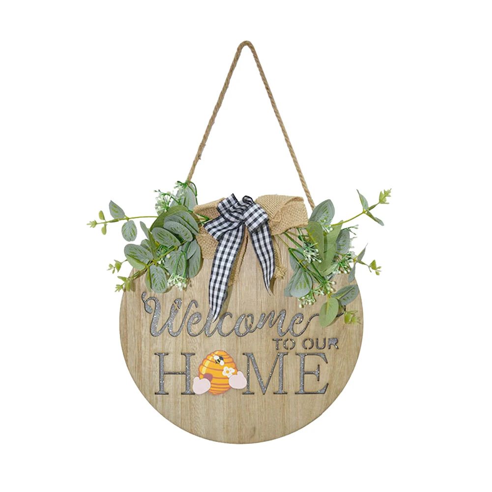 

3D LED Home Wood Wall Door Hanging Round Welcome Sign Decorative Plaque with Bow Christmas Art Craft Gift