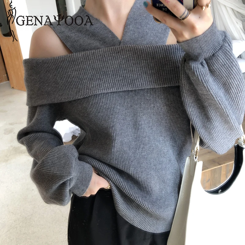 

Genayooa Cashmere Sweater Women Winter Pullover Solid Knit Long Sleeve Sexy Sweater For Winter Off Shoulder Jumpers Ladies loose