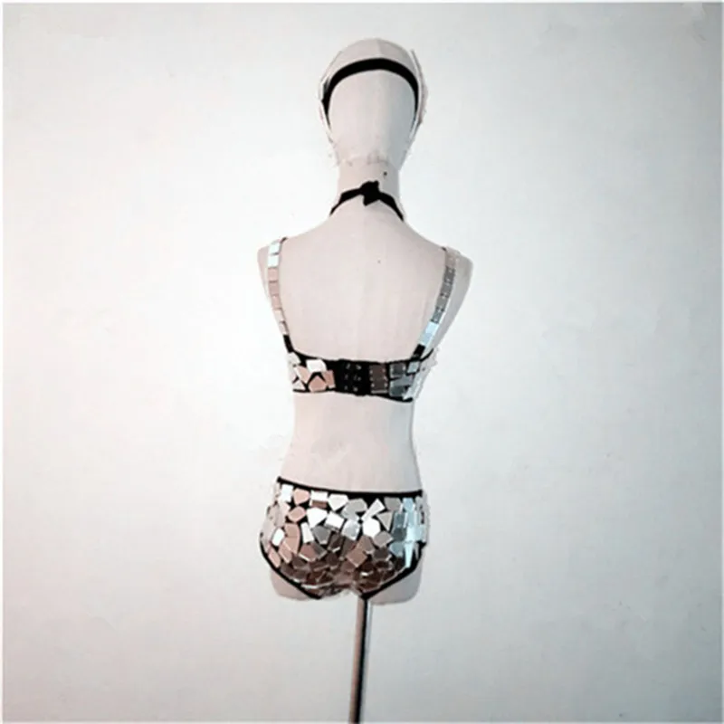 Gold Silver Mirror Bodysuit Sequins Mask Sexy Hollow Out Backless Dance Costume Bar Night Club DJ Singer Dancer Team Bodysuits