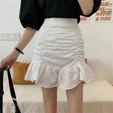 

Summer Lovely Girls New Ulzzang Chic Solid Color Ruched Elegant Women High Waist Skirts Hem Ruffles All-match A-line Mini Skirts