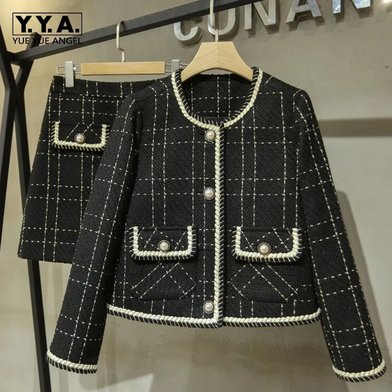 

Fashion Ladies Coats Plaid 2Pcs Outfits Long Sleeve Single Breasted O-Neck Pockets Short Jackets High Waist A-Line Skirts