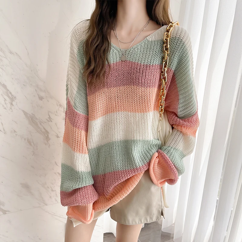 

Pullover Women Sweater 2021 Autumn clothes New Knitted Sweater Loose Striped Sweater thin female Harajuku Sweater 1985D