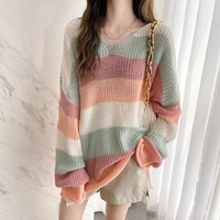 pullover women sweater 2021 autumn clothes new knitted sweater loose striped sweater thin female harajuku sweater 1985d