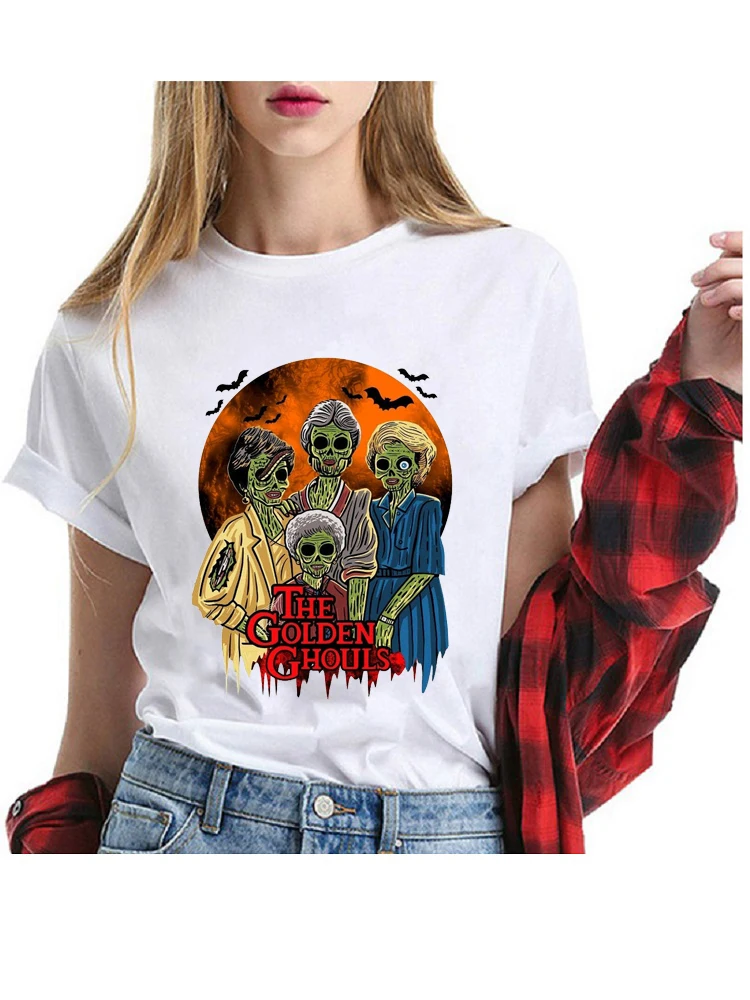 100 Cotton Golden Ghouls Short Sleeve Tee Tops Funny Halloween Horror Film Unisex T-Shirt Women Clothing Graphic Womens Shirts | Женская