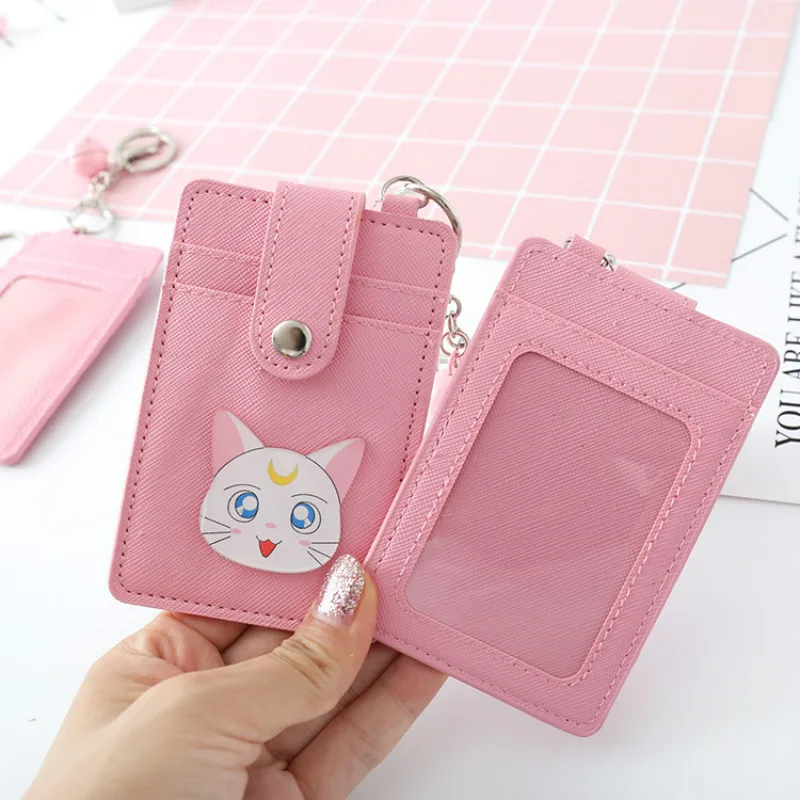 

Pink Pu Leather Card Case for Women Students Girls Badge ID Credit Card Protection Cover Cute Cat Key Chain Business Card Holder
