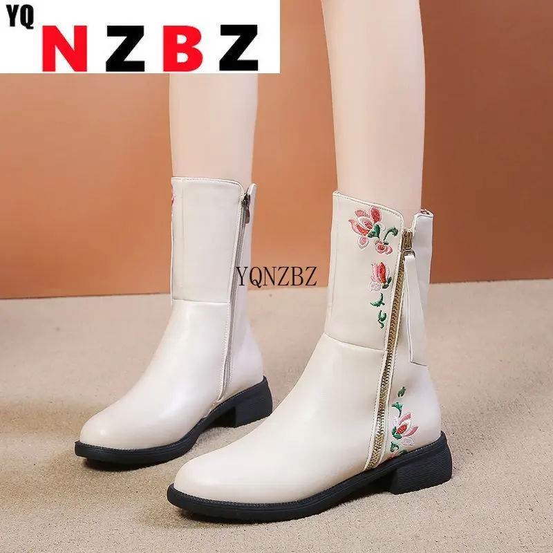 

Women Middle Tube Boots Round Toe Waterproof Boots Zipper Plush Lining Non-slip Female Winter Boots 2021 New Women Boots