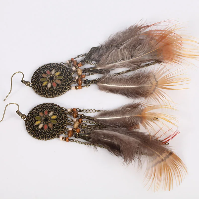 

Drop Ship Golden Color Vintage Ethnic Long Feather Tassel Dangle Drop Earrings for Women Female 2020 Indian Jewelry Accessories
