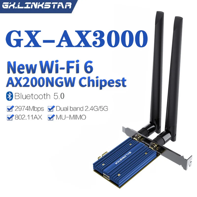 

3000Mbps PCI Express Wireless Wifi 6 Dual Band Desktop PCIe WiFi Adapter Intel AX200 Wi-fi Card 802.11ax 2.4G/5Ghz Bluetooth 5.1