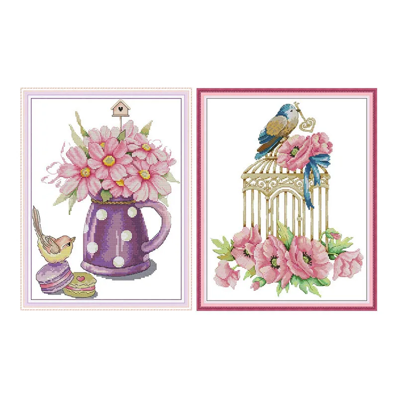 Птичья клетка и цветы животное вышивка крестиком Счетный 14CT Печатный холст Цветы