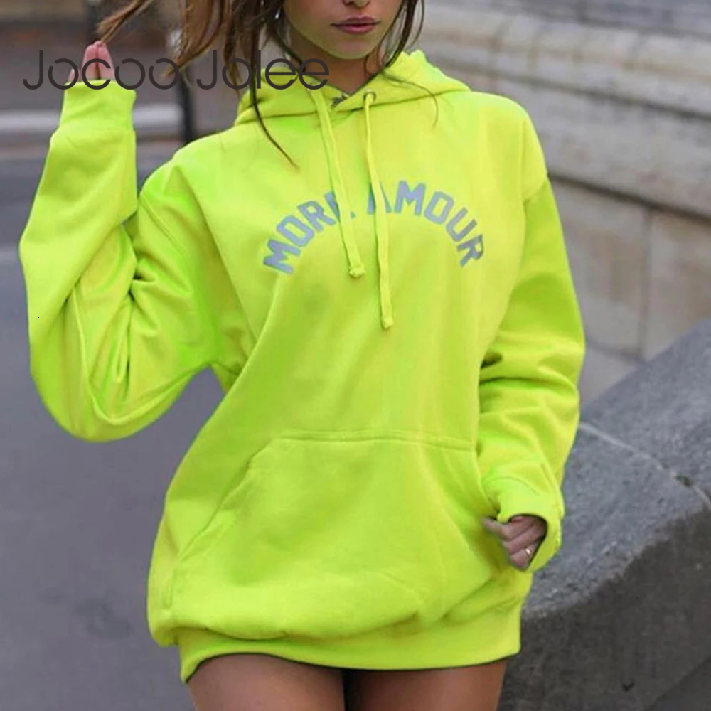 Jocoo Jolee Женская мода неоновые зеленые толстовки Осенние с буквенным принтом Harajuku Светоотражающие толстовки негабаритные Свободные толстовки