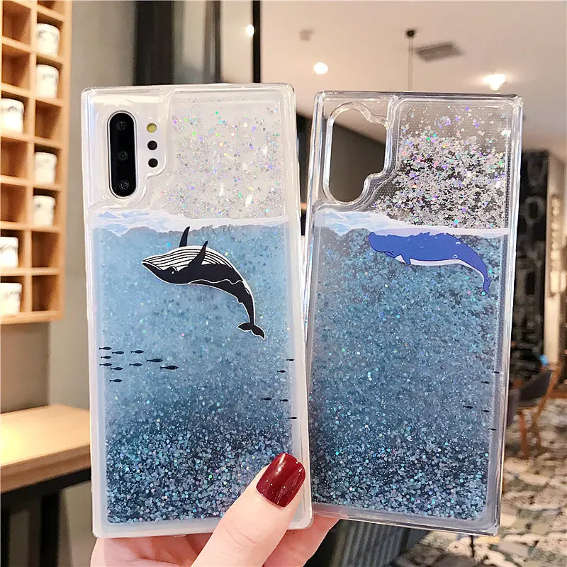 Блестящий чехол для Samsung S20 + движущийся с Китом акулой динамической жидкостью