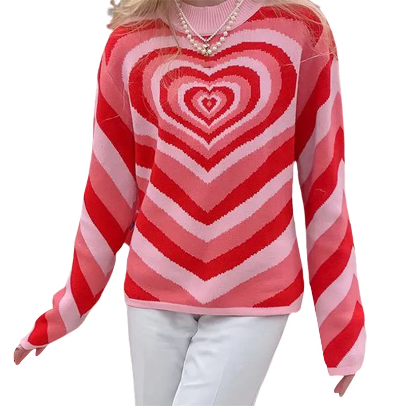 

Women Love Heart Print Sweater, Long Sleeve O-neck Knitted Pullover for Autumn, Winter