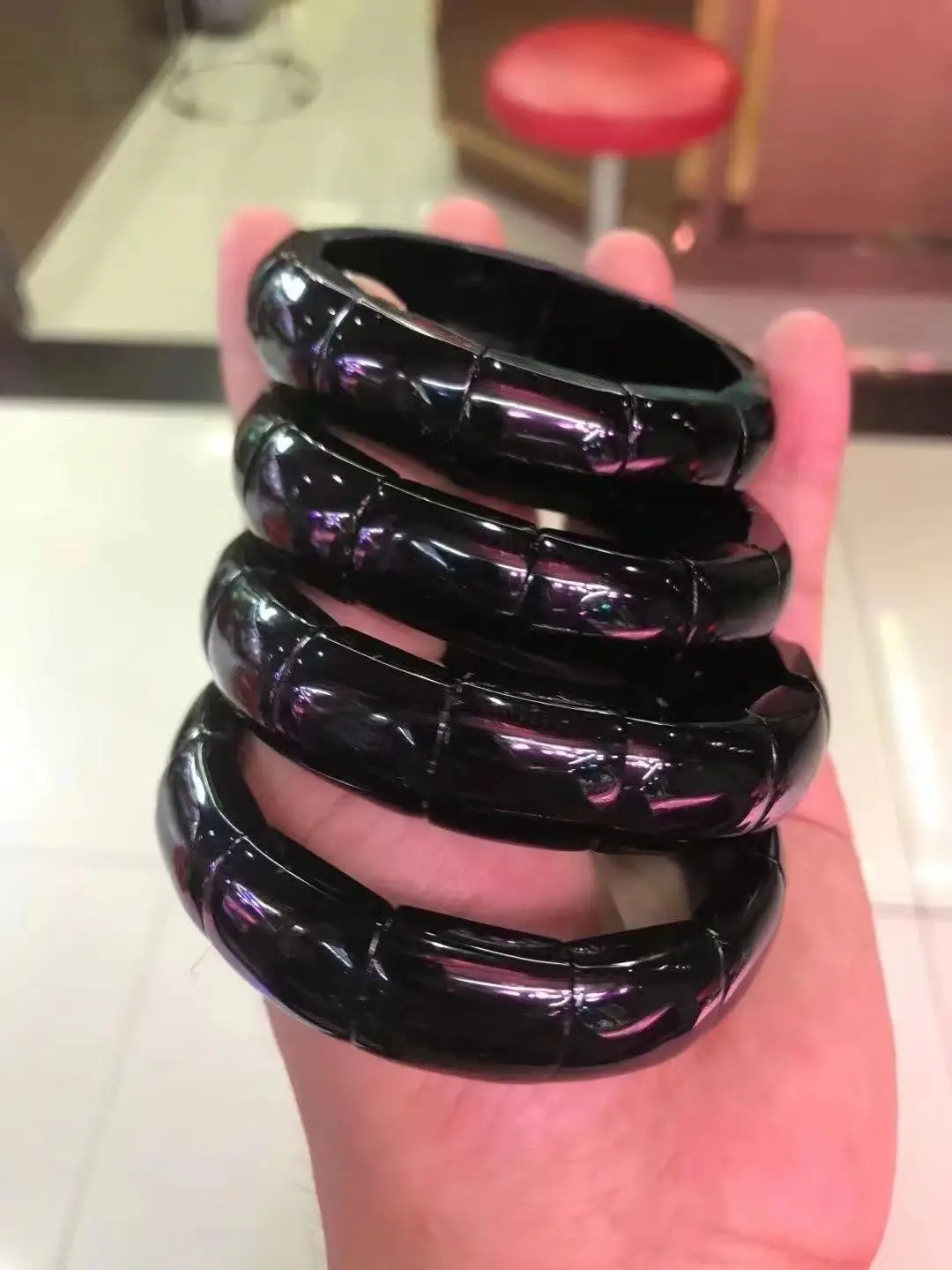 

Genuine natural black tourmaline geometric beads Strand Bracelets bangle for men and women Energy gem healing bracelet on hand