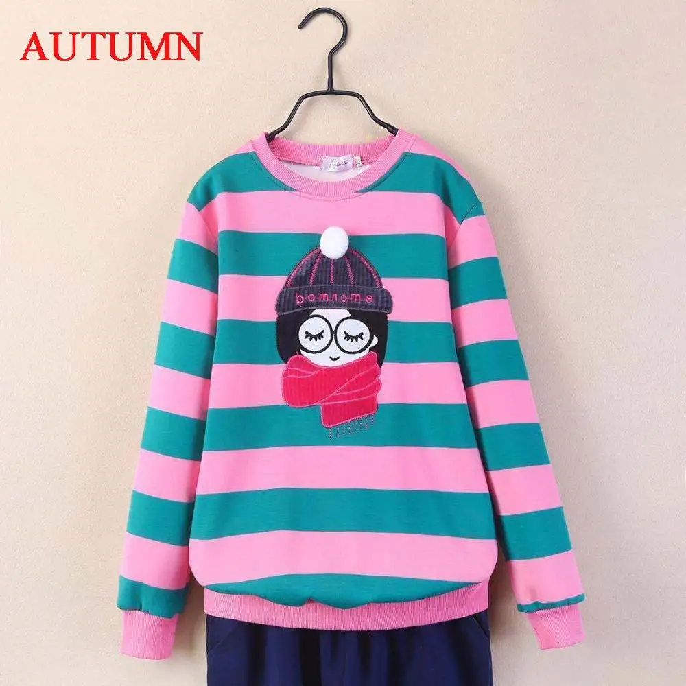 Sweatshirt for Girls Winter Fleece Thicken Kids Pullover Tops Casual Stripe Teenager Children's Clothing School Girl Outerwear