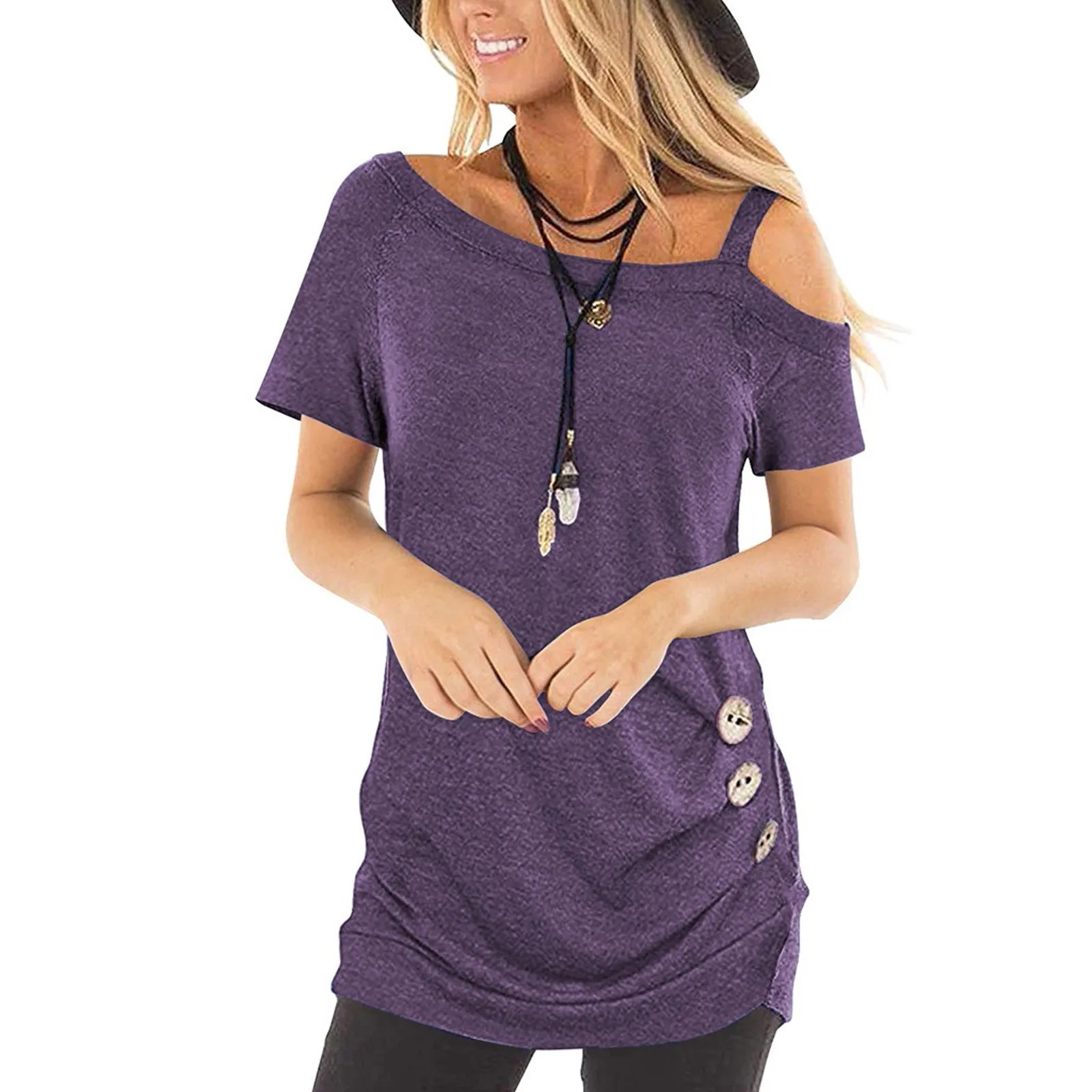 С открытыми плечами фиолетовая туника с изображением Топы для женщин Vetement Femme