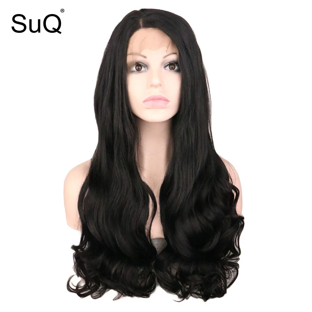 

SuQ Body Wave Lace Front Wig Hair L Part Glueless Natural Black Wigs for Women High Temperature Synthetic
