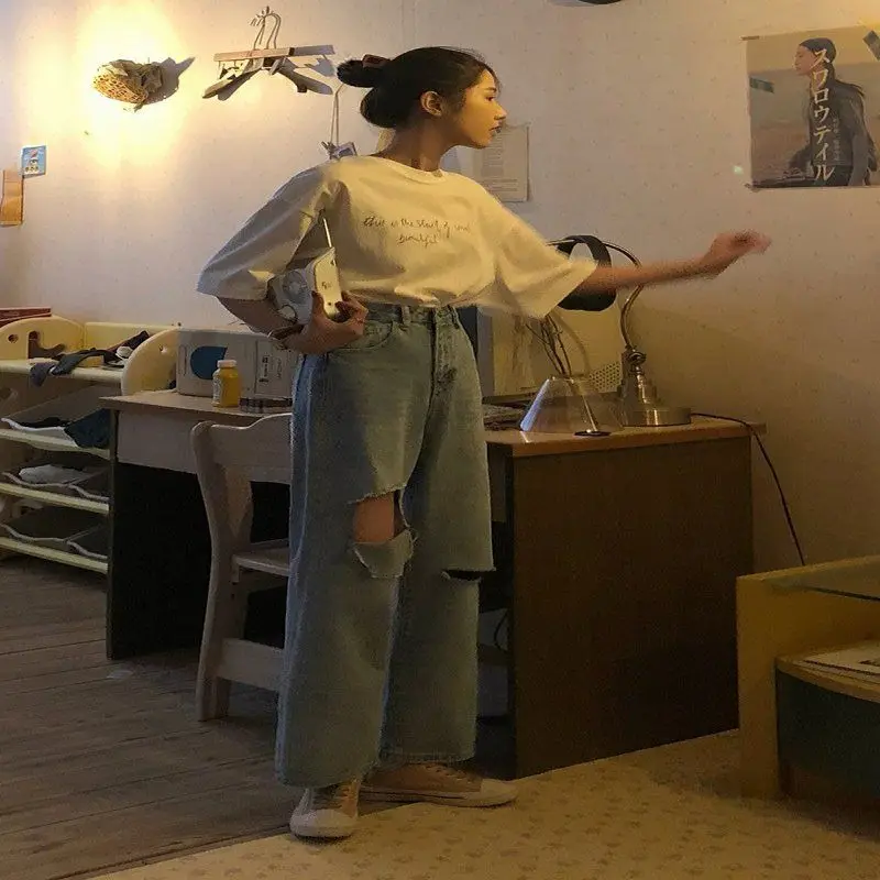 

Hole jeans women's summer Korean new high waist student straight pants show thin daddy pants loose wide leg pants