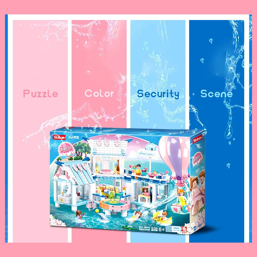 

938PCS Child Toy SLuban M38-B0929 Ocean View Swimming Villa Building style Blocks Bricks Christmas Toys for Kids Gifts of gril