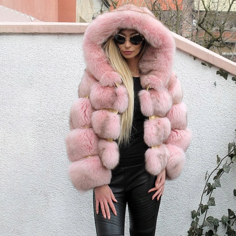 Pink Hooded Real Fox Fur Jackets Short Luxury Overcoats Natural Fox Fur Coats Genuine Trendy Woman Fur Coat 2022 New Fashion