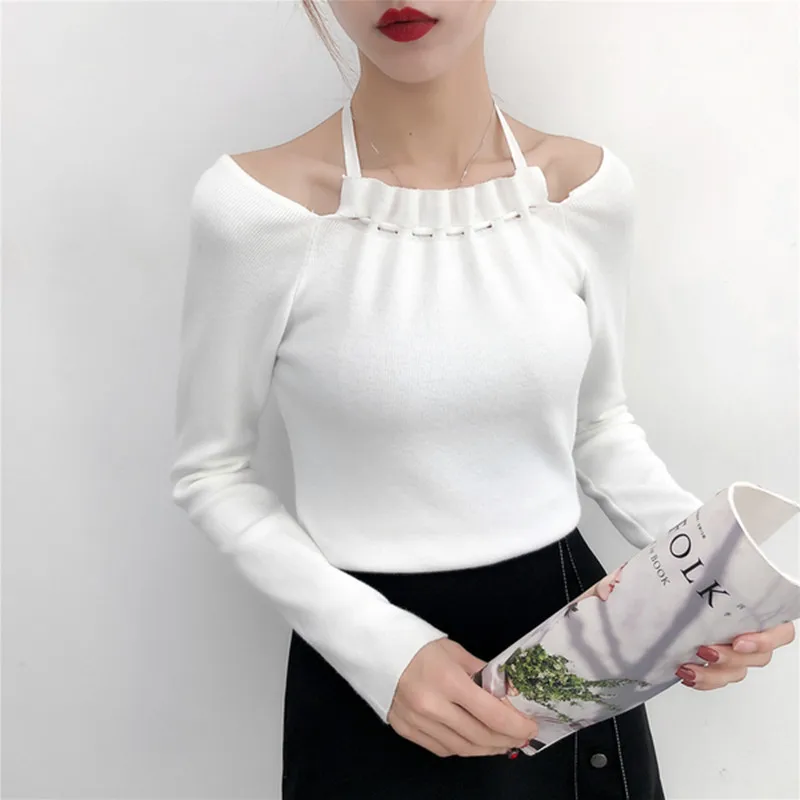 Женский трикотажный пуловер топы осень 2019 Плиссированный Воротник халтер