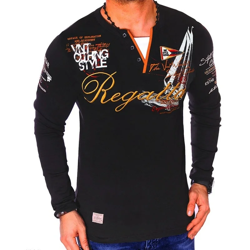 Рубашка-поло мужская с длинным рукавом V-образным вырезом | Мужская одежда