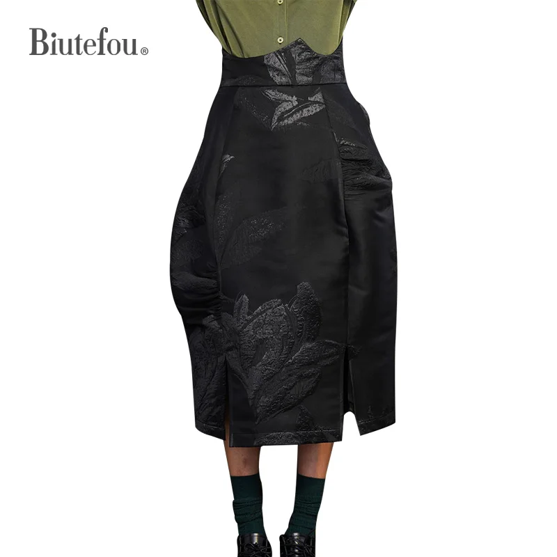 2022 Autumn Women Dark Texture Jacquard Bud Silhouette Skirt